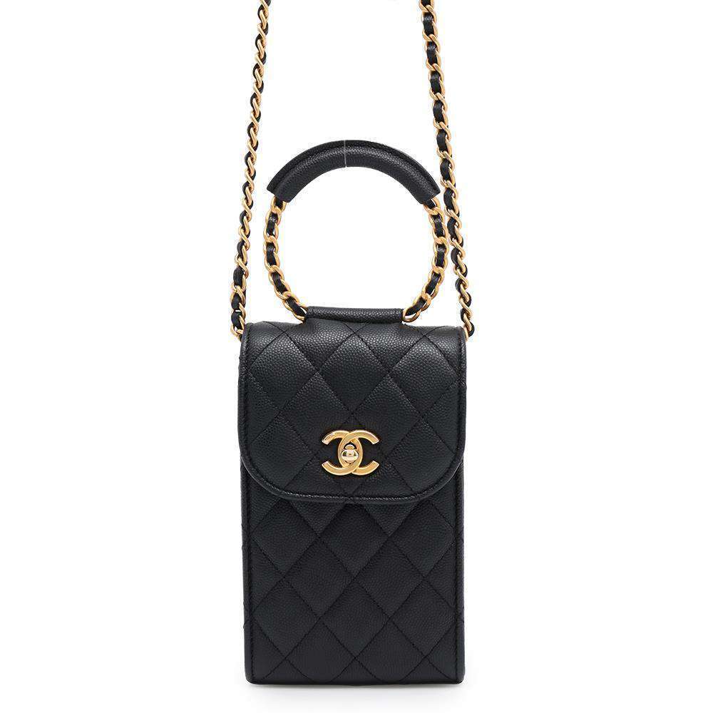 Chanel Matelasse Coco Mark Caviar Skin Phone Holder Black